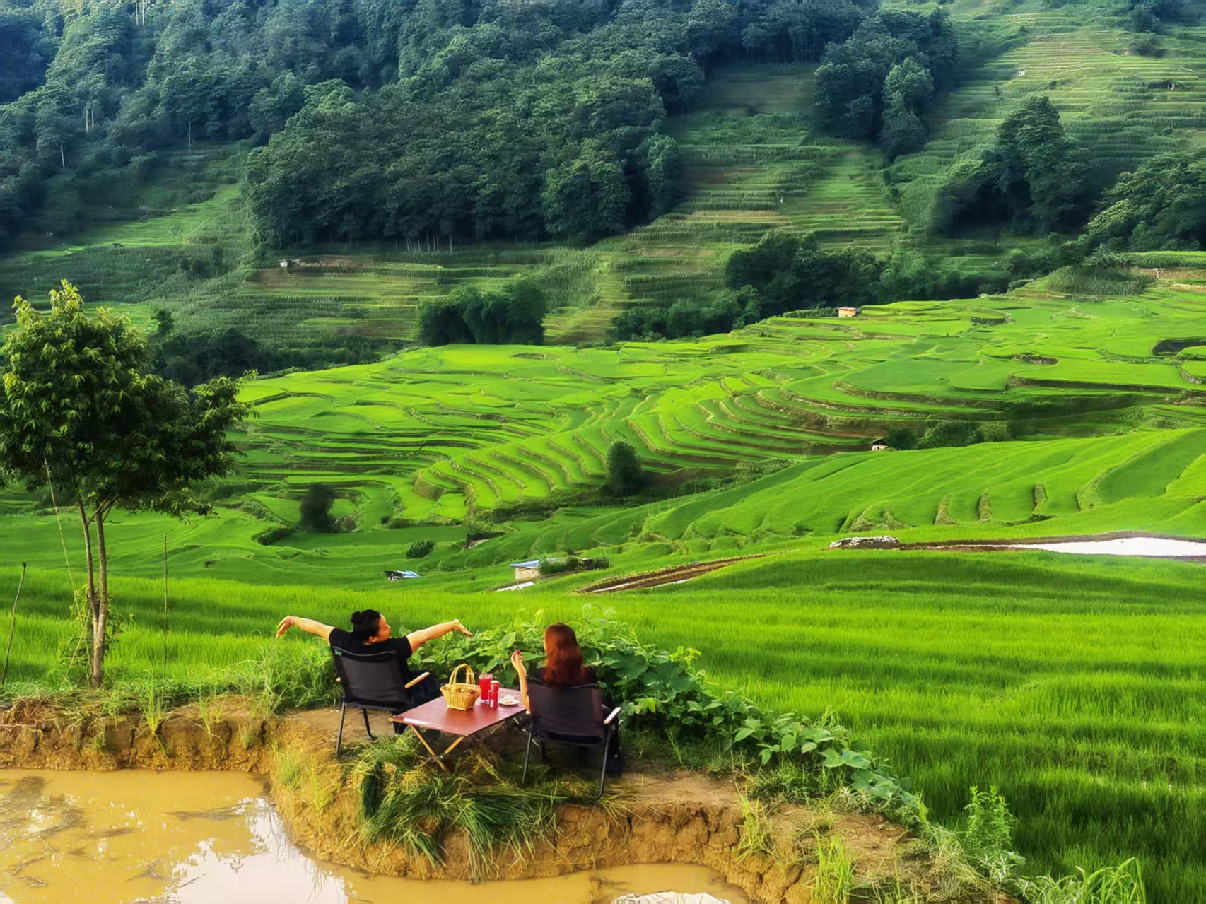 Two guests enjoying a picnic beside the green Yuanyang rice terraces